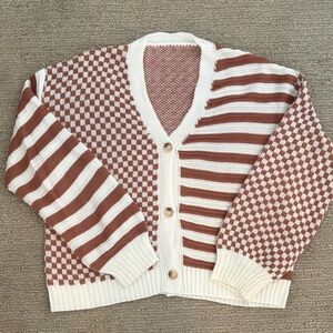 Womens Cream and Rust Striped & Check Knit Cardigan